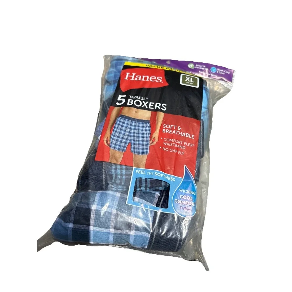 Hanes ~ 6-Pair Men's Woven Boxers Cotton Blend No Gap Fly Blue Plaid‎ ~ XL